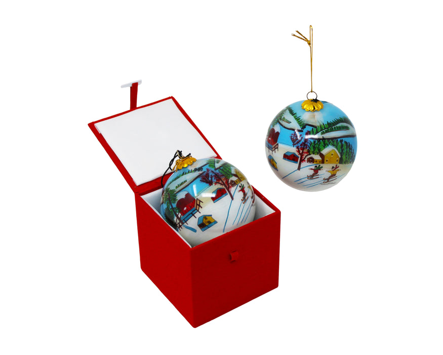 Maud Lewis Hand-painted Glass Ornament - Children Skiing (1)